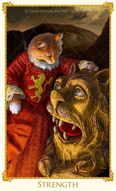 An alternative Strength card for The Bohemian Cats Theatre Tarot, a cat tarot by BabaBarock