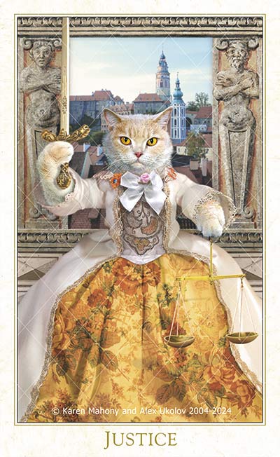 Justice card from The Baroque Bohemian Cats Tarot, a Cat Tarot by BabaBarock, 2003