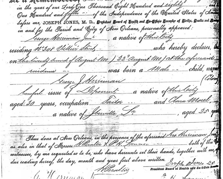 Copy of George Herriman's birth certificate