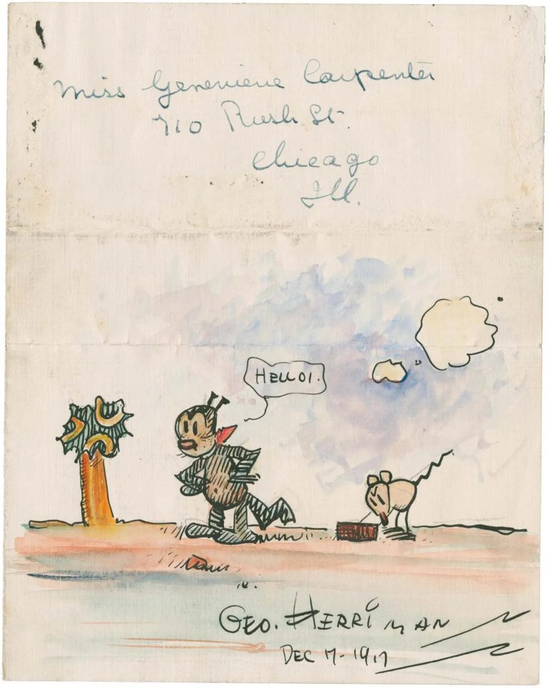 Colour sketch of Krazy Kat and Ignatz sent to a fan in 1917
