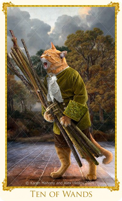 The ginger cat Ten of Wands card for The Bohemian Cats' Theatre Tarot