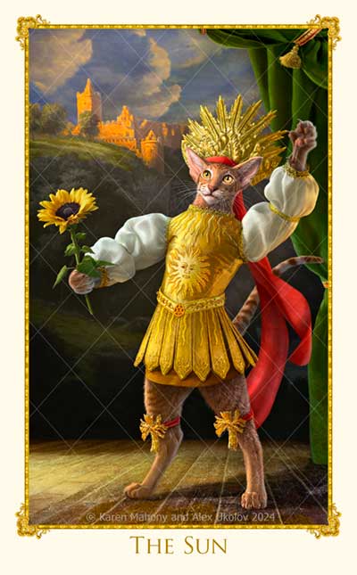 The Sun card featuring a cat dressed in Louis Apollo costume from a new cat tarot deck by BabaBarock